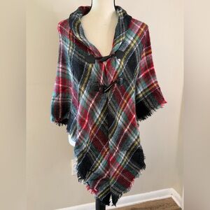 Plaid shawl wrap faux leather beaded toggle buttons red yellow blue green OSFM